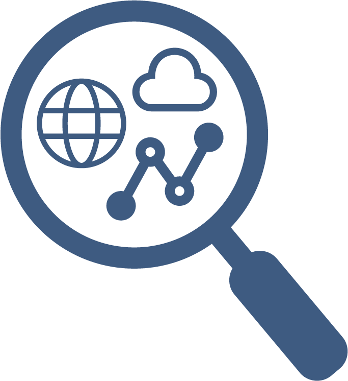 Illustration of a magnifying glass with three symbols representing data inside of it 