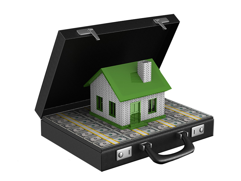 illustration of an investment property sitting on top of a pile of money being locked into a briefcase